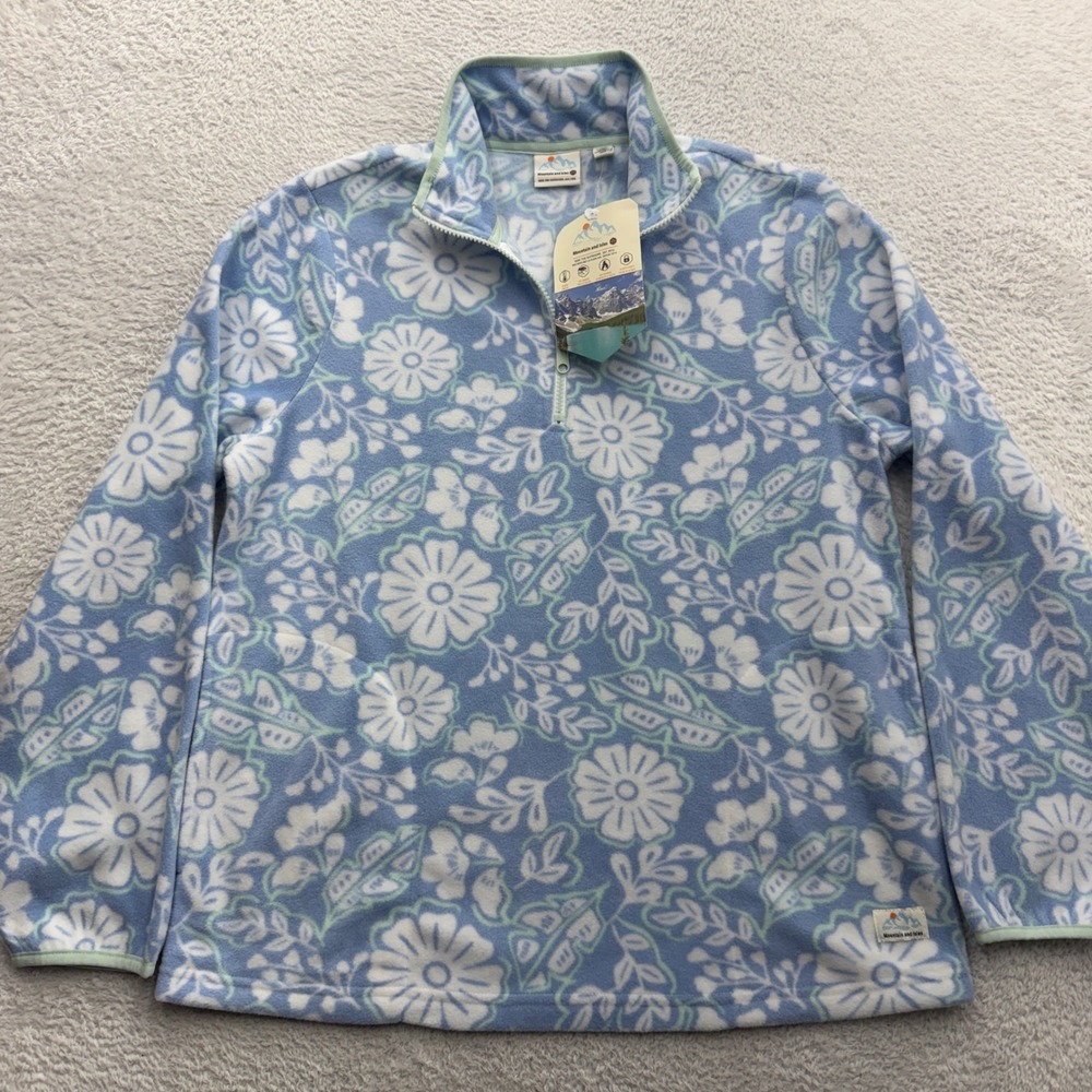 Mountain and Isles Womens Blue Floral Fleece Quarter Zip Pullover Large NWT